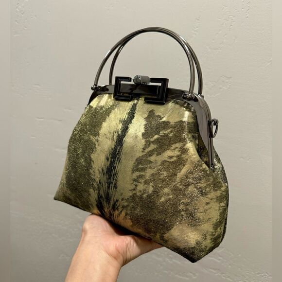 Handmade Gold Metallic Natural Hair-On Calfskin Top Handle Bag/Multi Way Use - Picture 12 of 16